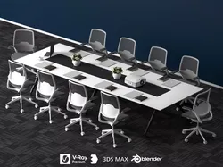 Long Office Conference Table Mesh Office Chair Set 3D Model 3D model