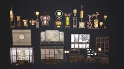 Chinese Traditional Lamps Screens and Tea Room Furniture Set Low-poly 3D model