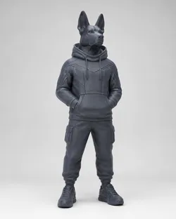Anthropomorpher Hund in Techwear-Outfit