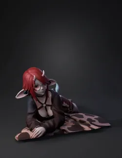 anthropomorphic cow girl character with red hair and cow skin outfit
