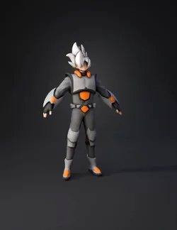 armored humanoid character with gray suit and orange accents white sp
