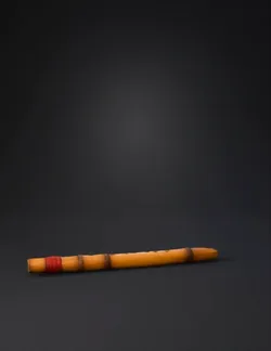 bamboo flute with six finger holes and red thread wooden texture
