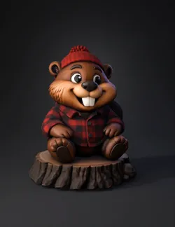 beaver character wearing red plaid shirt and red knit cap sitting on