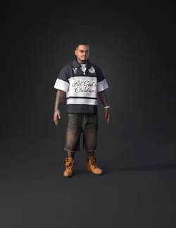 male character wearing navy and white polo shirt dark shorts tan boo