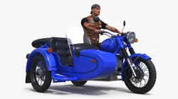 Biker on Retro Classic Blue Motorcycle with Sidecar 3D model