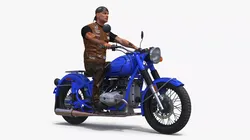 Blue Retro Classic Motorcycle with Rider 3D model
