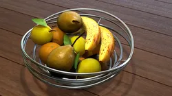 Fruits fruit in metal bowl on wooden table Free 3D model