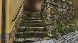 Mossy urban stone stair scan