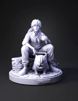 anime character figure with tanuki companion on rocky base yellow hai