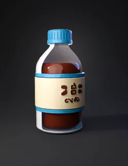 bottle with blue cap containing brown liquid