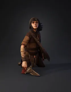 brown clad fantasy warrior with patterned sash and belt holding a blad