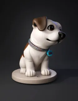 dog figurine with blue name tag Zoe on a beige pedestal