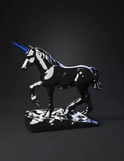 unicorn statue with metallic silver coat and blue horn standing on a