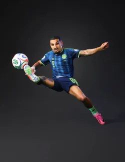 athlete in action performing a soccer kick human figure with blue jer