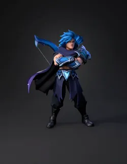 blue haired armored fantasy warrior with ornate blue armor bow and c