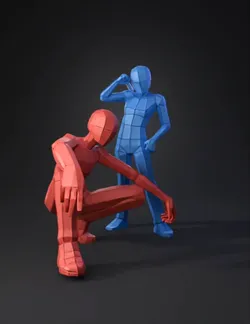 two low poly humanoid figures in red and blue with polygonal mesh