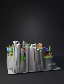 central crystal at circular plaza surrounded by small fantasy houses