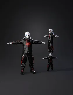 hooded masked humanoid character with red 403 markings black outfit