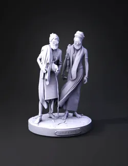Sadhu brothers statue on round base with orange robes brown ground a