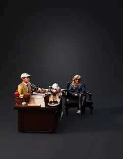 talk show set with desk microphone and studio guests on a colorful