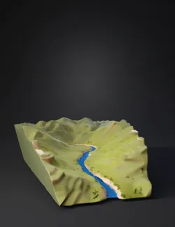 游戏用低多边形自然地形 封闭山间盆地地形 四周是连绵起伏的低山 盆地中央有一片至少200x200米的完全平坦开阔河谷地 一条狭窄蜿蜒的小河从
