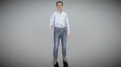 Man in jeans and blue shirt shaking hand 235