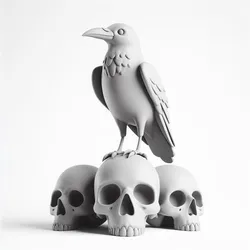 Crow Sitting on Skulls 3D Print – Gothic Dark Art Sculpture, Halloween Decor, Detailed Bird & Skull Model