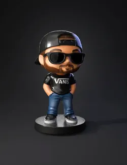bobblehead figure with black Vans shirt blue jeans black cap on circ