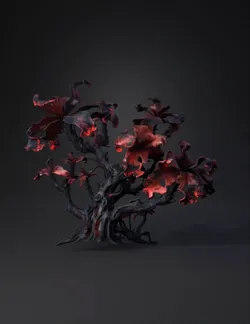 twisted tree with black bark and glowing red ember like leaves fantas