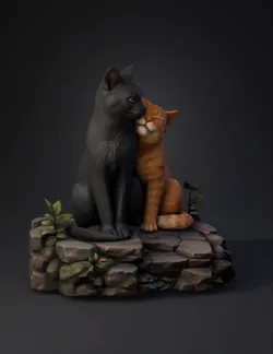 two sitting cat statues on a stone pedestal black and orange cats wit