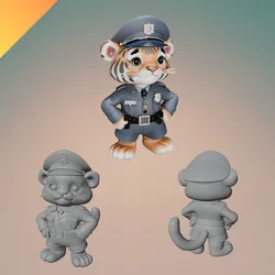 Tiger Police Officer 3D Print – Animal Cop Character STL + Textured GLB – Cute Law Enforcement Animal Miniature for 3D Printing