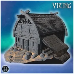 Arched roof wooden longhouse features circular shield motifs, front ramp, log supports and scattered boulders lining ledged entrance (17) - North Northern Norse Nordic Saga 28mm 15mm Medieval Dark Age