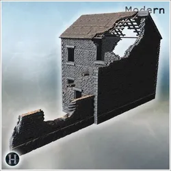 Narrow brick townhouse remains standing despite massive diagonal wall breach, shattered upper trusses, broken roof tiles and ground level rubble edging exposed interior (30) - Modern WW2 WW1 World War Diaroma Wargaming RPG Mini Hobby