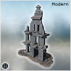 Narrow multistorey clocktower like frontage with ornate pediment, severe shell damage, bullet riddled walls and scattered stone rubble base (24) - Modern WW2 WW1 World War Diaroma Wargaming RPG Mini Hobby