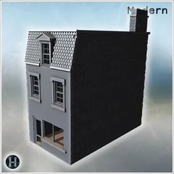 Narrow three storey townhouse with mansard slate roof, single dormer pediment, ground floor shopfront opening and tall brick chimney rising along side wall (15) - Modern WW2 WW1 World War Diaroma Wargaming RPG Mini Hobby