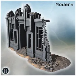 Tall surviving facade of neoclassical building displaying missing roof, shattered brick corner, broken windows and rubble covered ground (23) - Modern WW2 WW1 World War Diaroma Wargaming RPG Mini Hobby