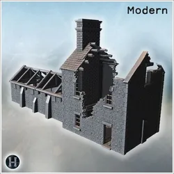 Two storey masonry structure retains tall central chimney and buttressed nave while roofless side walls display exposed trusses and jagged shrapnel damaged gables (29) - Modern WW2 WW1 World War Diaroma Wargaming RPG Mini Hobby