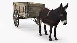 Donkey Pulling Mechanical Cart Brown Fur 3D model