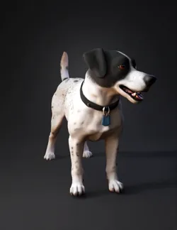 Create a realistic 3D scene of a happy medium sized black and white sp