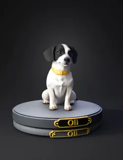dog figurine on a circular pedestal with yellow collar black and whit