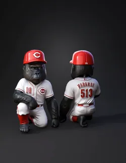 gorilla baseball mascot character in Reds uniform with red cap jersey