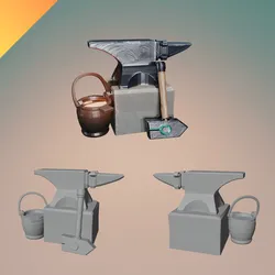 Blacksmith Forge Set – Anvil, Hammer, and Bucket – STL, OBJ, GLB for 3D Printing