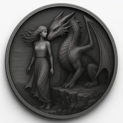 Dragon & Girl on Cliff coin token wall art
