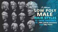 15 Male anime character hair styles and hairdoo low poly IMM 3D model