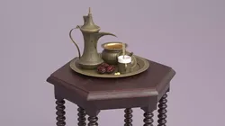 Arabic Brass Coffee Set on Table with Dates and Sugar 3D model