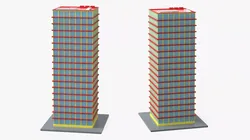 Cartoon Residential Highrise with Floor Frames Red Low-poly 3D model