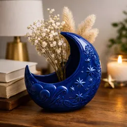 Celestial Crescent Moon Vase Deep Blue Decorative Sculpture STL 3D model