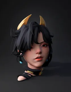 anime character head with dark hair gold headpiece turquoise gem ear