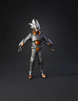 armored suit character with gray plating and orange accents white spi