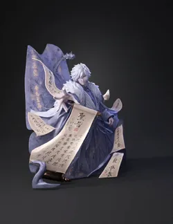 fantasy character with white hair in icy robes surrounded by floating
